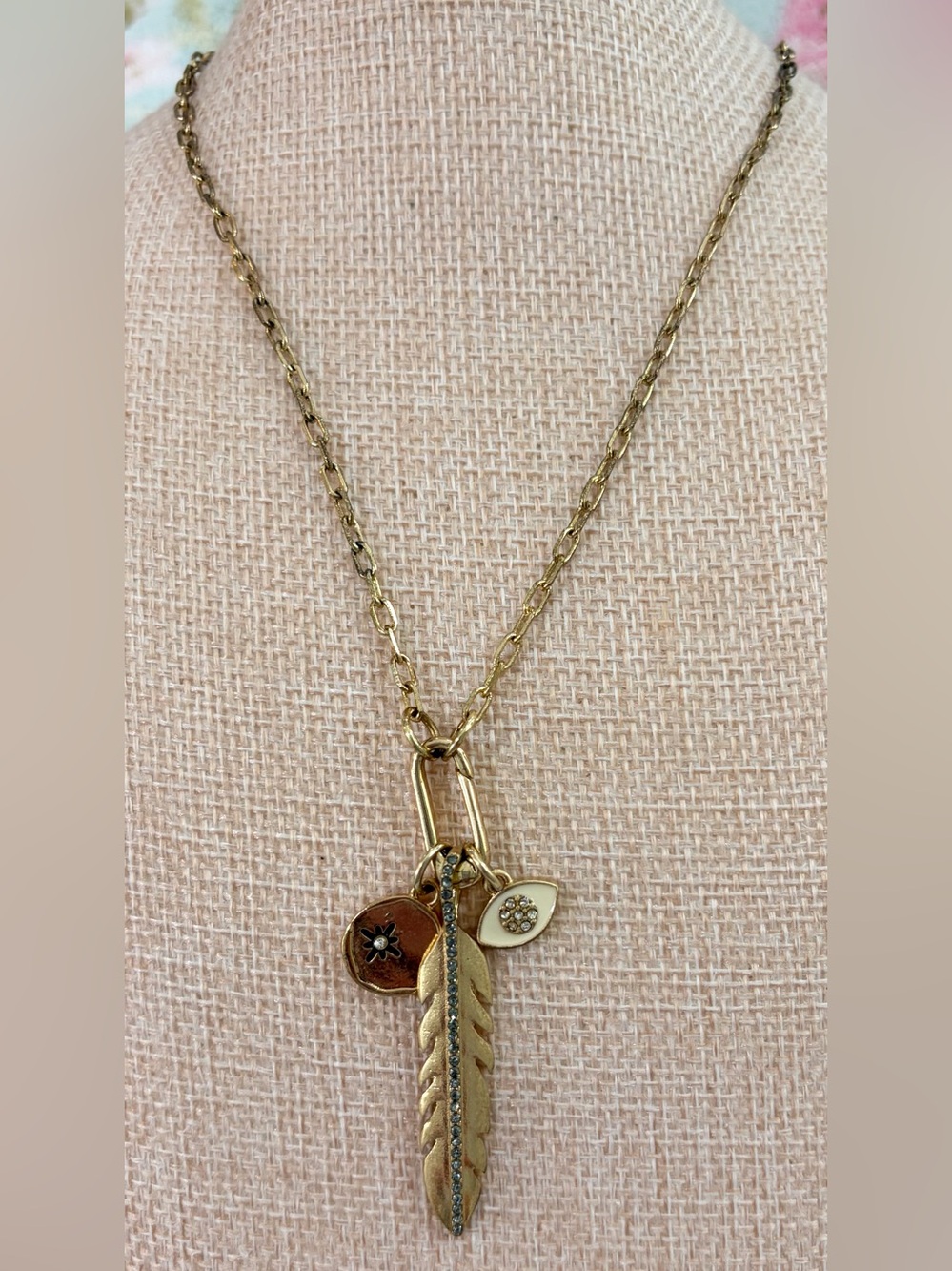Marlyn Schiff Gold Feather Charm Necklace with Enamel & Crystal Accents